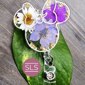 Floral Badge Reel With Mouse Shape-NICU Nurse-Cartoon Badge Reel